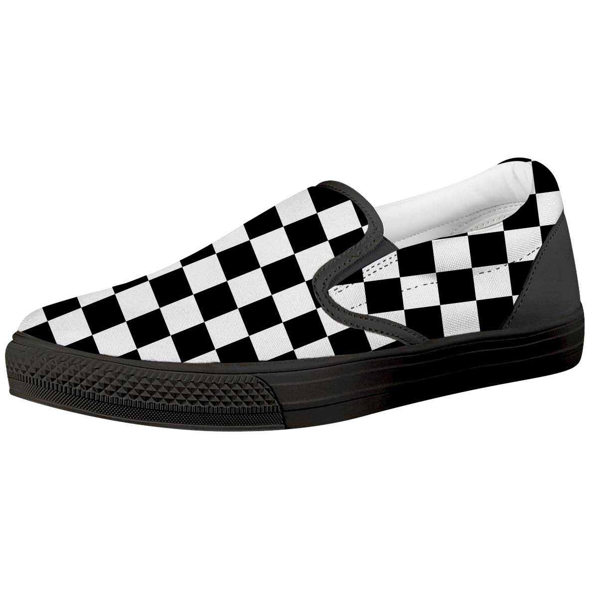 Checkered White And Black Print Pattern Black Slip On Shoes-grizzshop