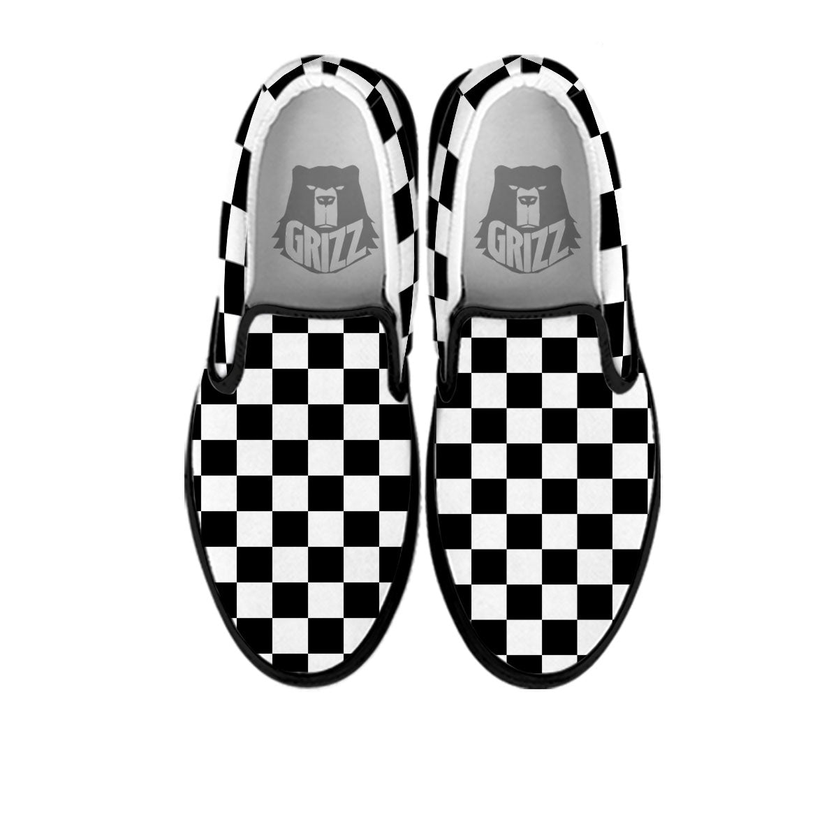 Checkered White And Black Print Pattern Black Slip On Shoes-grizzshop