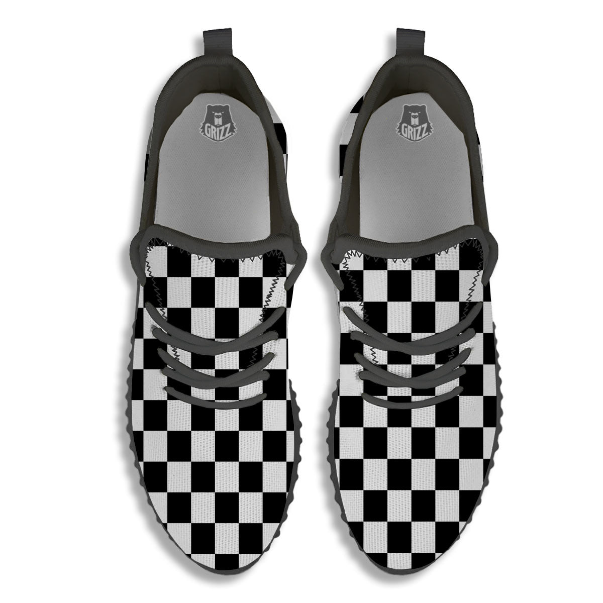 Checkered White And Black Print Pattern Black Walking Shoes-grizzshop