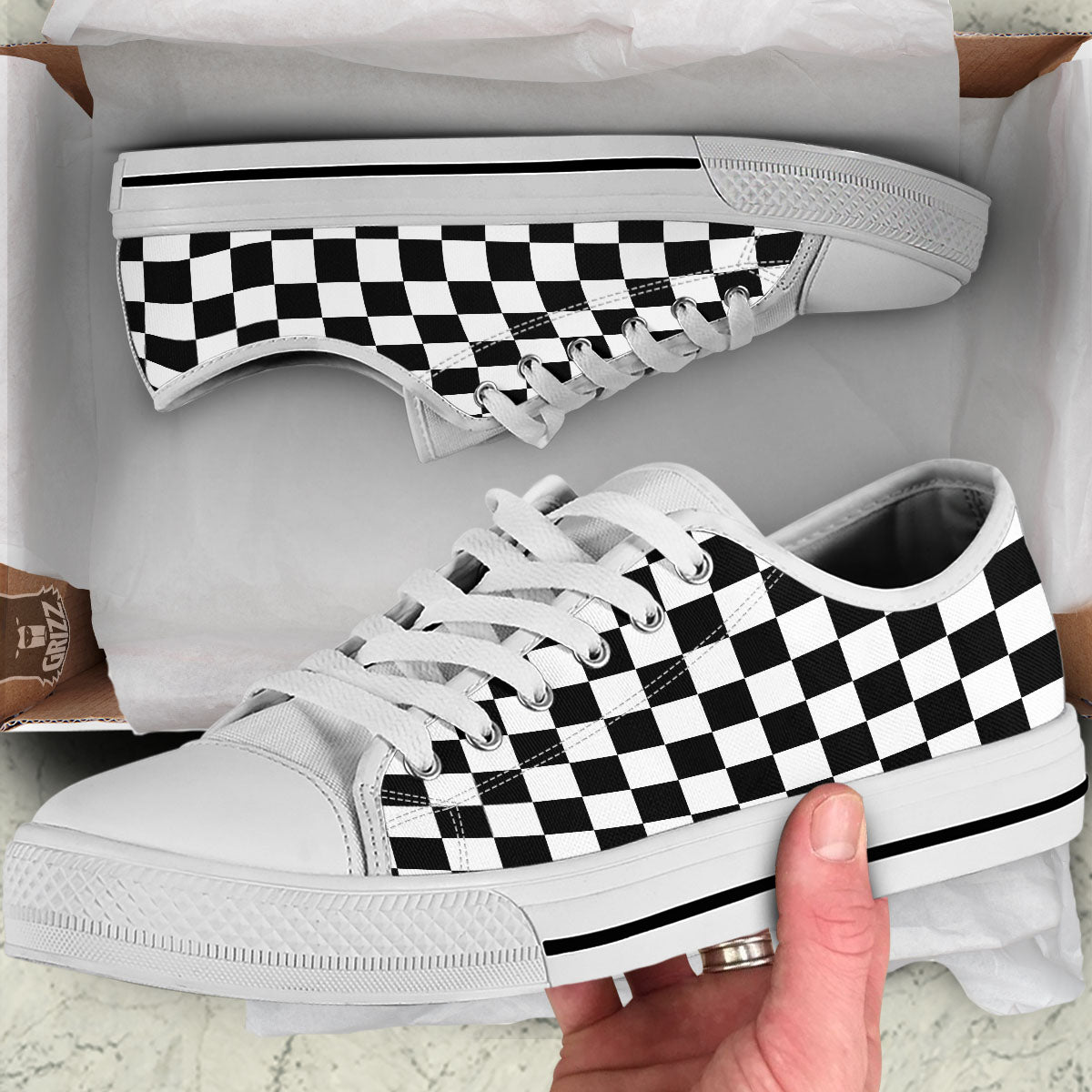 Checkered White And Black Print Pattern White Low Top Shoes-grizzshop