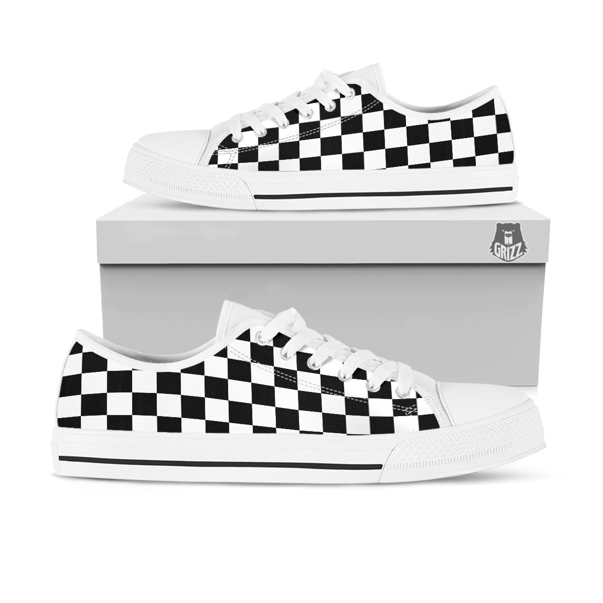 Checkered White And Black Print Pattern White Low Top Shoes-grizzshop