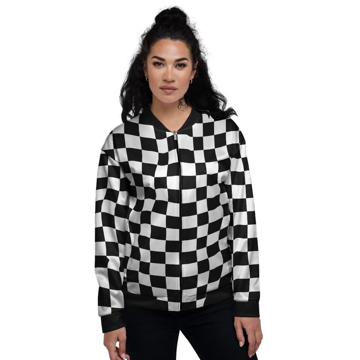 Checkered White And Black Print Pattern Women's Bomber Jacket-grizzshop