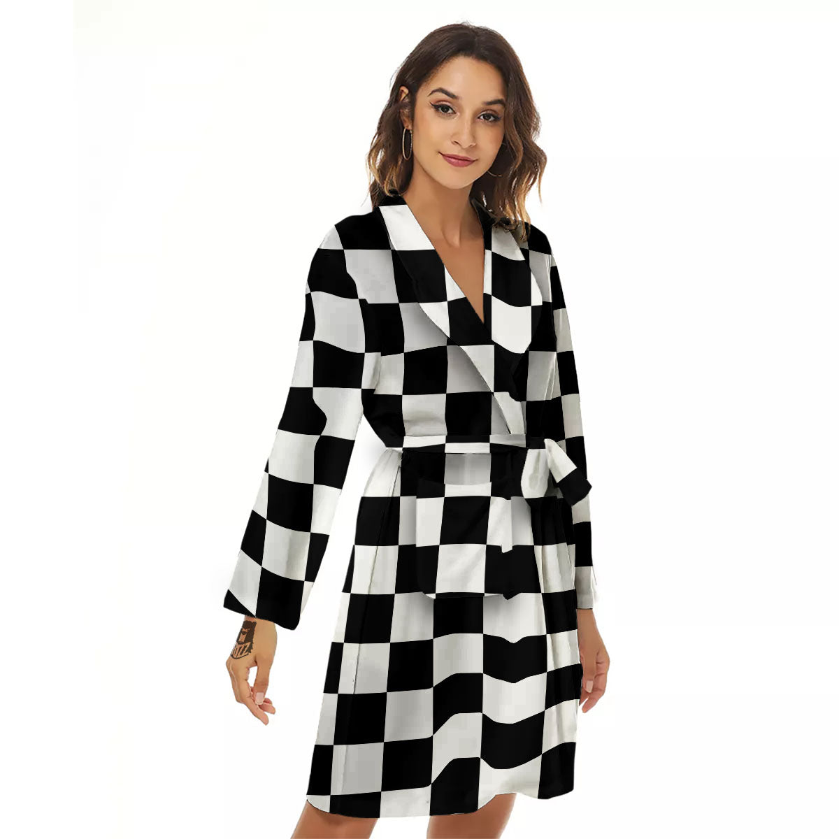 Checkered White And Black Print Pattern Women's Robe-grizzshop