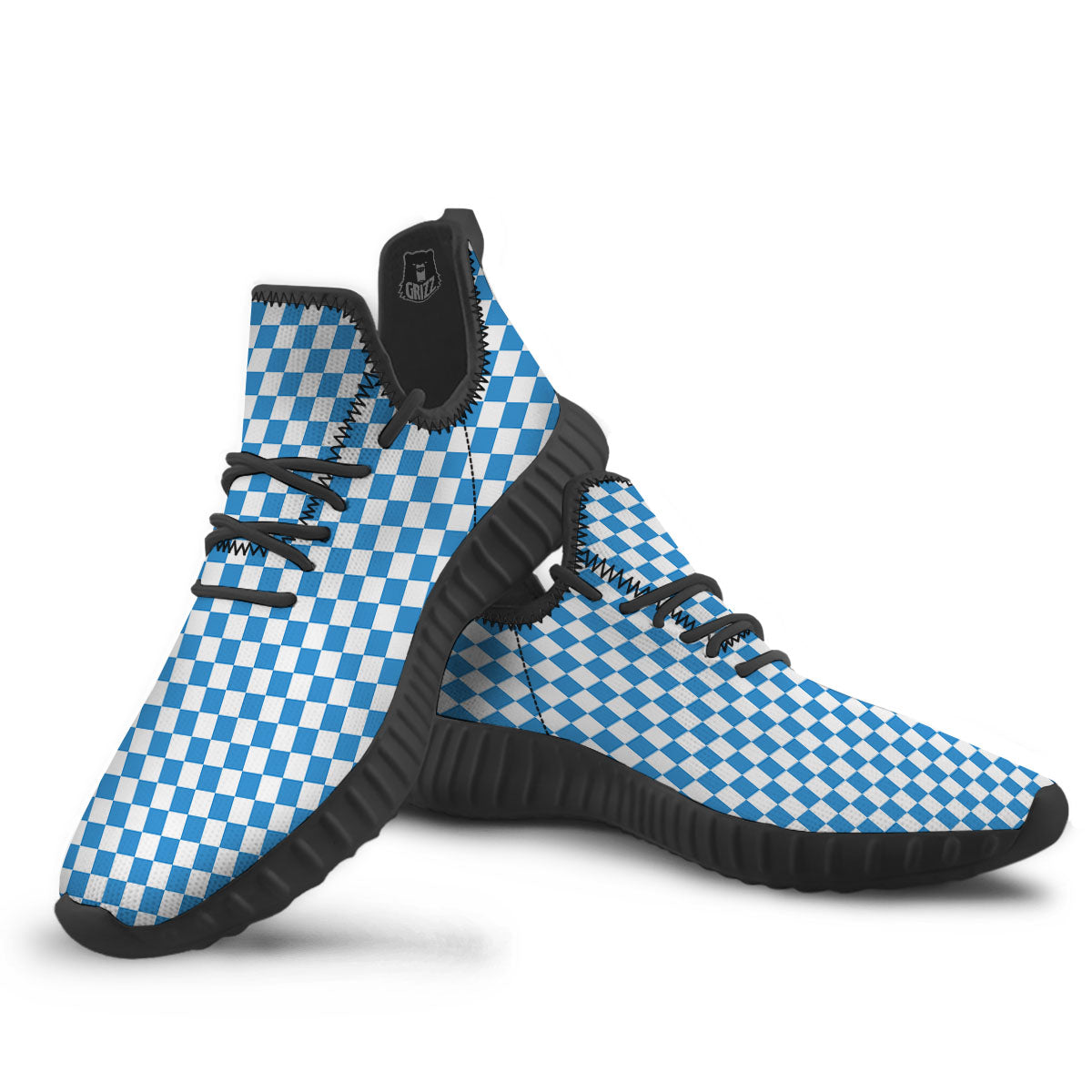 Checkered White And Blue Print Pattern Black Walking Shoes-grizzshop