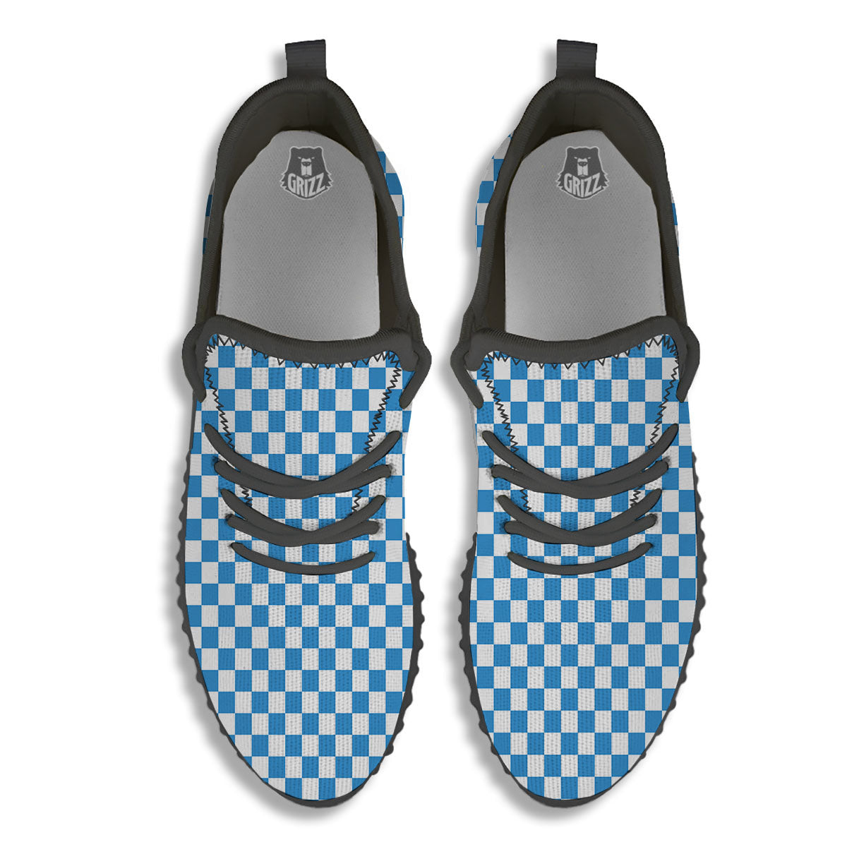 Checkered White And Blue Print Pattern Black Walking Shoes-grizzshop