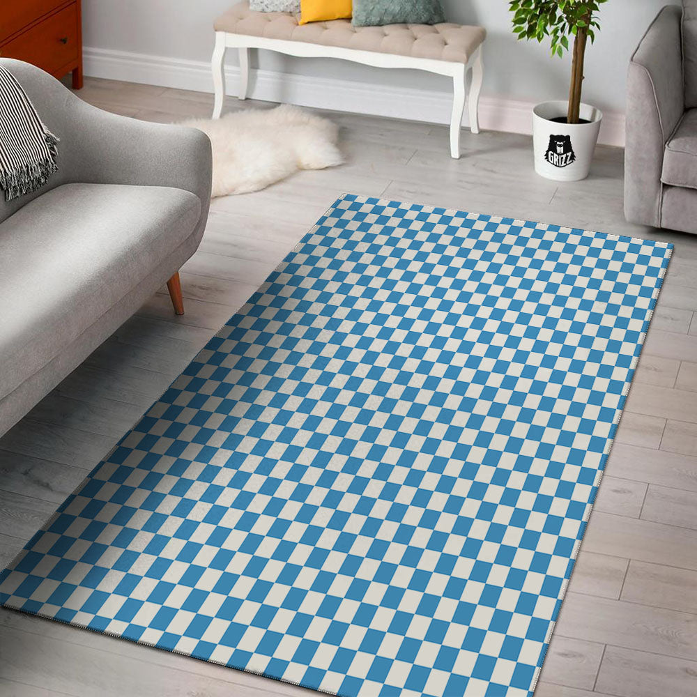 Checkered White And Blue Print Pattern Floor Mat-grizzshop