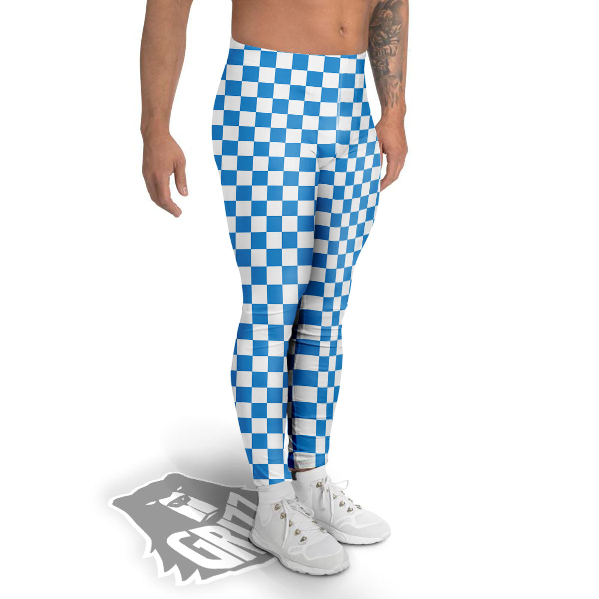 Checkered White And Blue Print Pattern Men's Leggings-grizzshop
