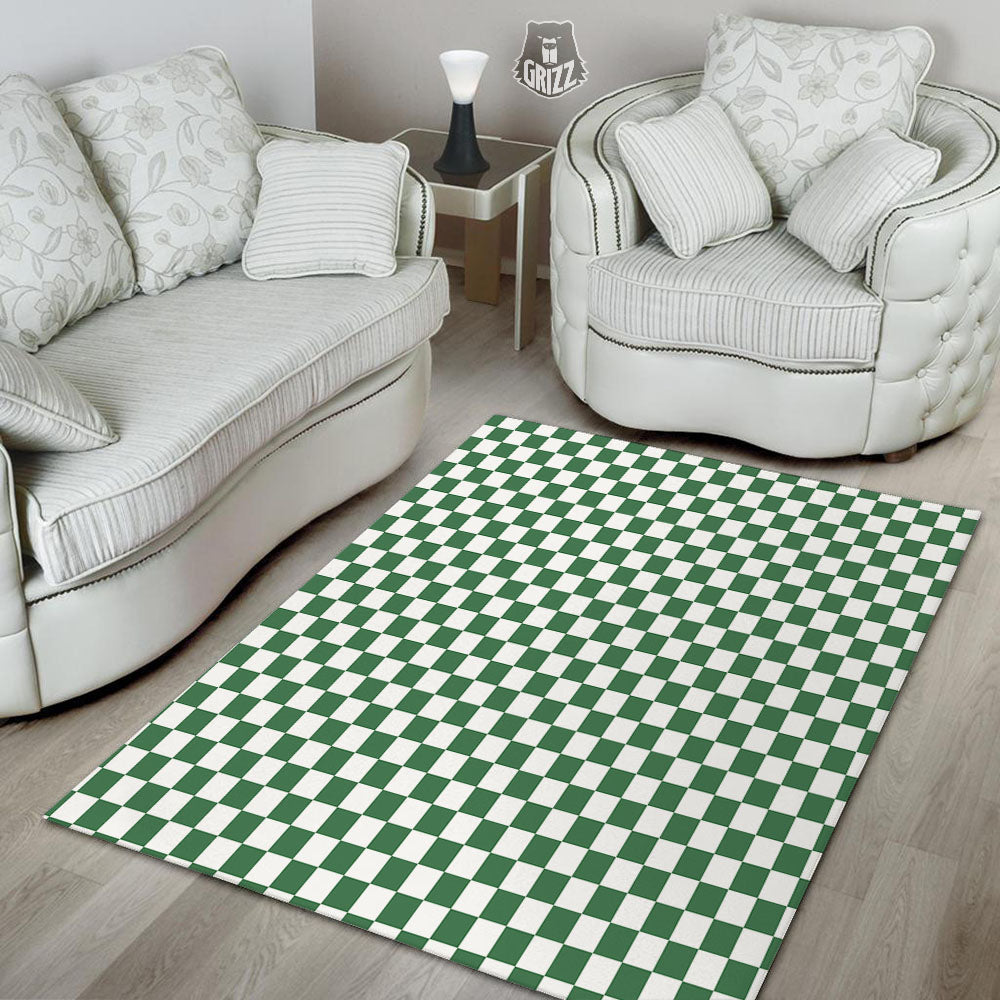 Checkered White And Green Print Pattern Floor Mat-grizzshop