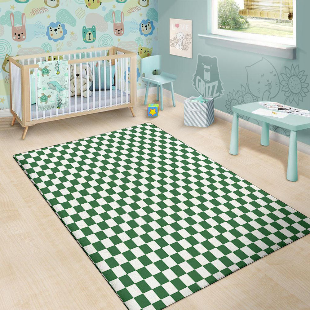 Checkered White And Green Print Pattern Floor Mat-grizzshop