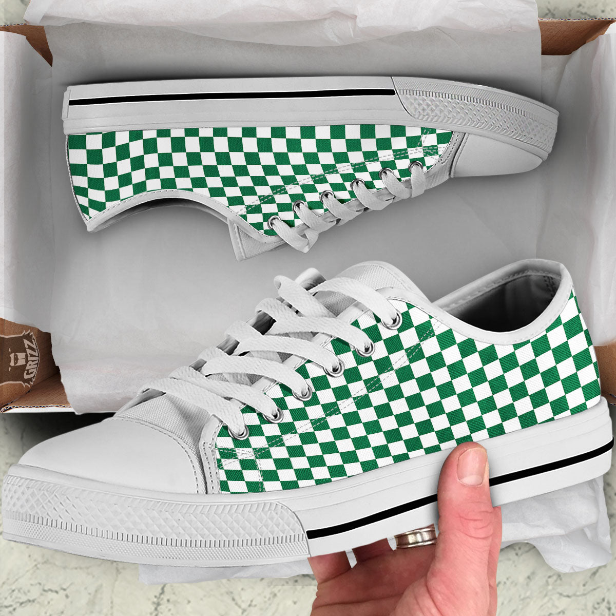Checkered White And Green Print Pattern White Low Top Shoes-grizzshop