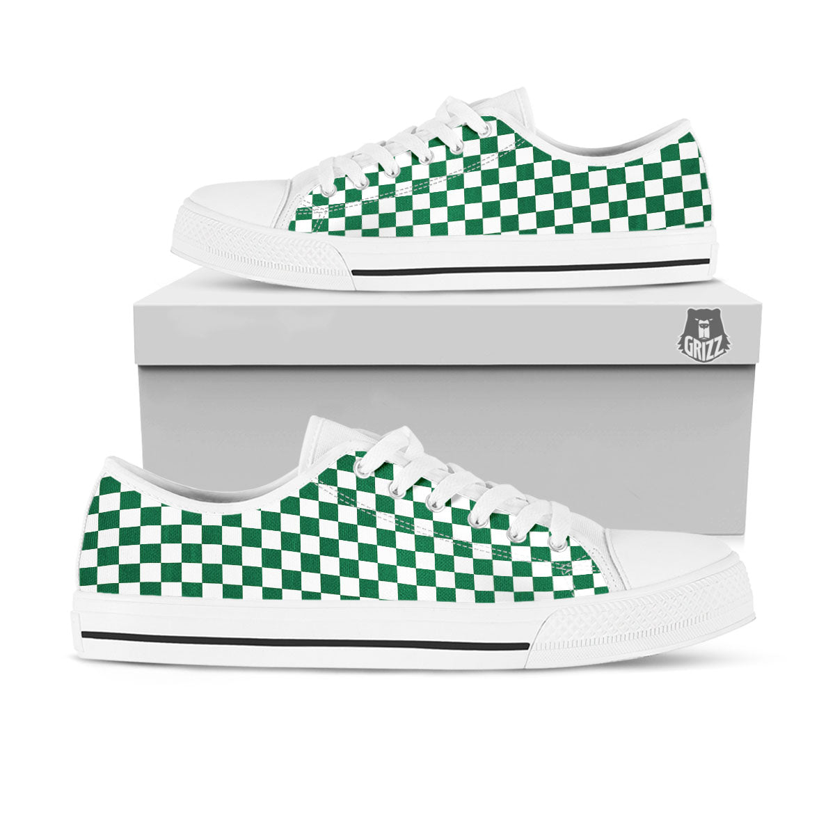 Checkered White And Green Print Pattern White Low Top Shoes-grizzshop