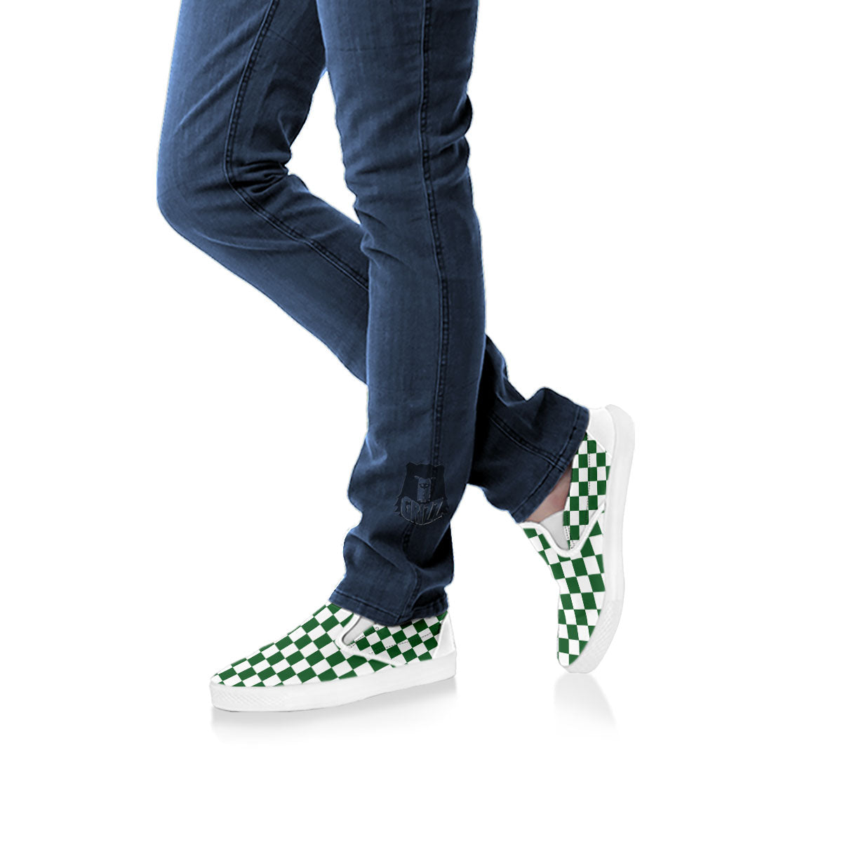 Checkered White And Green Print Pattern White Slip On Shoes-grizzshop