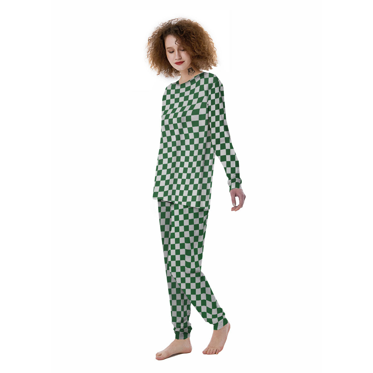 Checkered White And Green Print Pattern Women's Pajamas-grizzshop