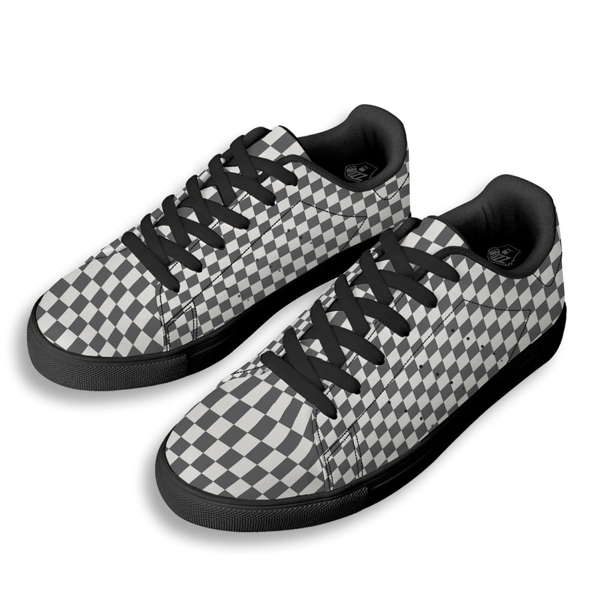 Checkered White And Grey Print Pattern Black Low Top Sneakers-grizzshop