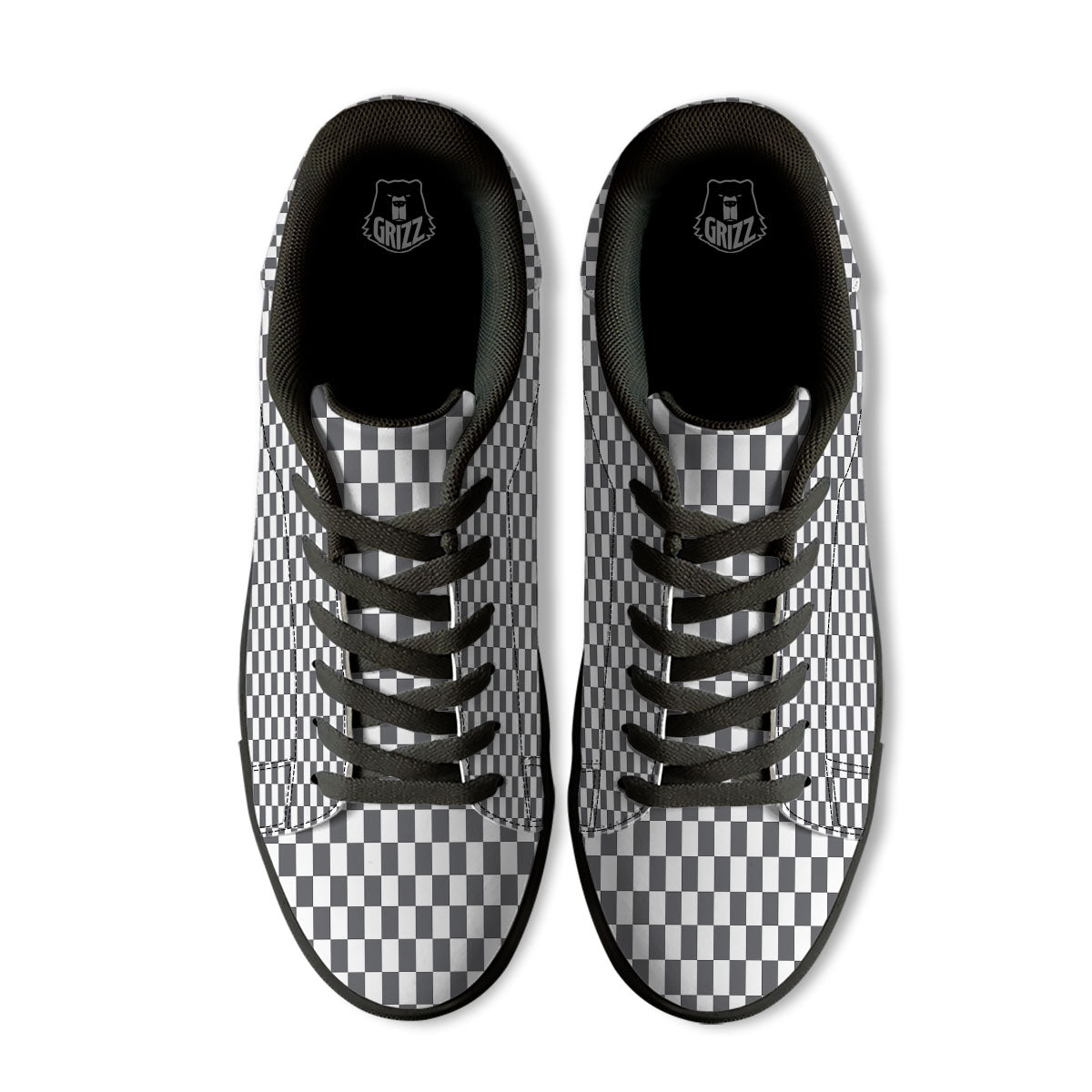 Checkered White And Grey Print Pattern Black Low Top Sneakers-grizzshop