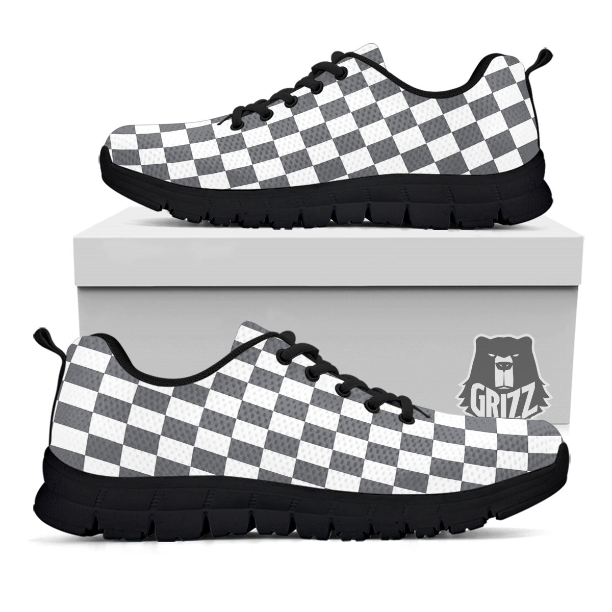 Checkered White And Grey Print Pattern Black Sneaker-grizzshop