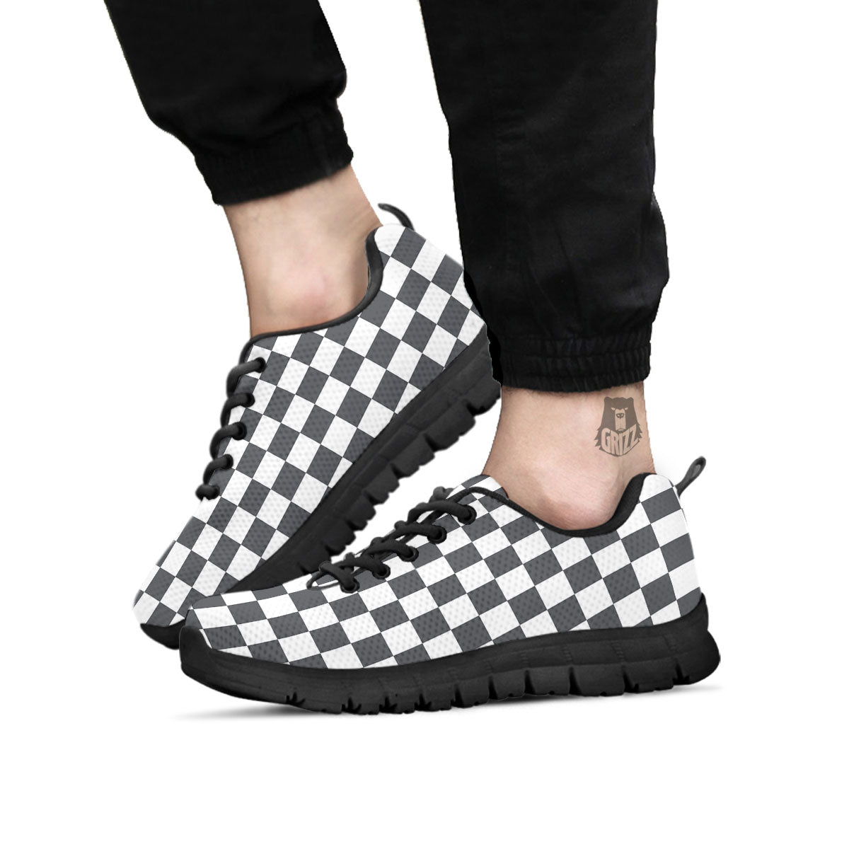 Checkered White And Grey Print Pattern Black Sneaker-grizzshop