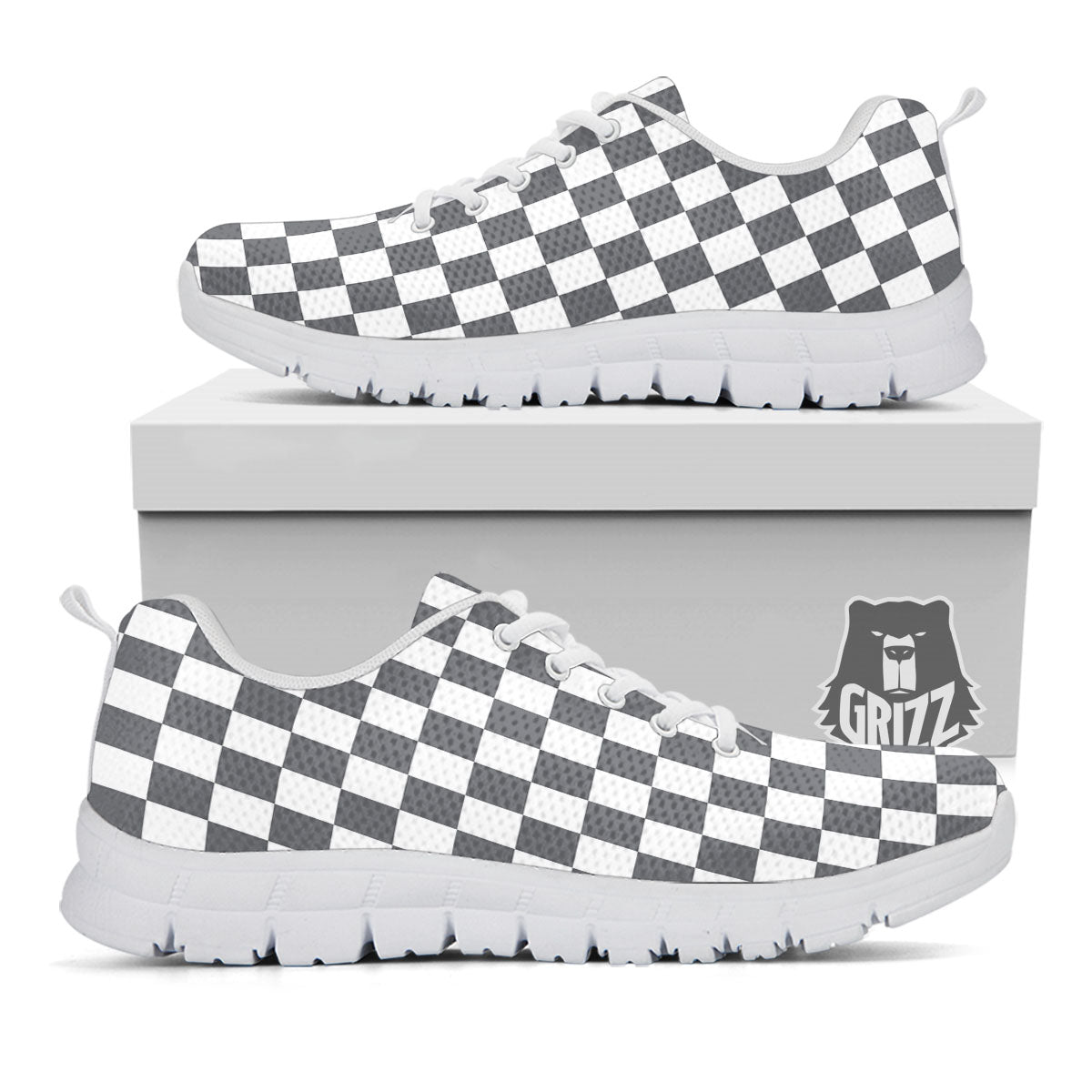 Checkered White And Grey Print Pattern White Sneaker-grizzshop