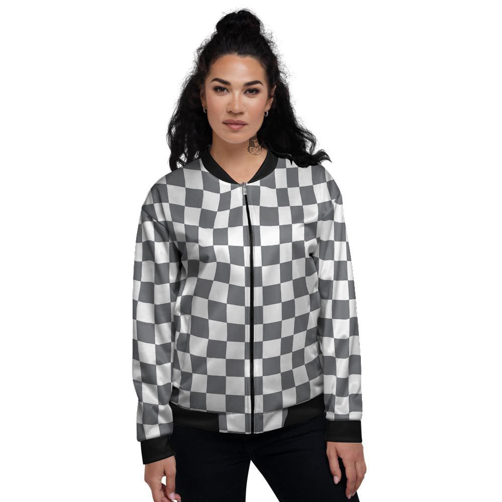 Checkered White And Grey Print Pattern Women's Bomber Jacket-grizzshop