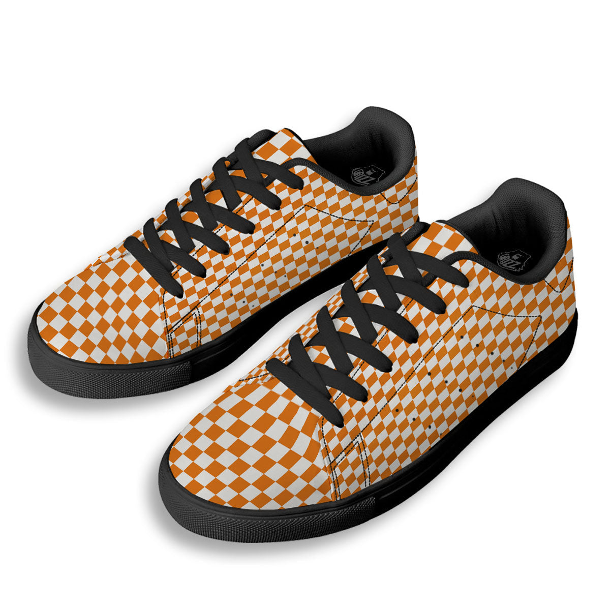 Checkered White And Orange Print Pattern Black Low Top Sneakers-grizzshop