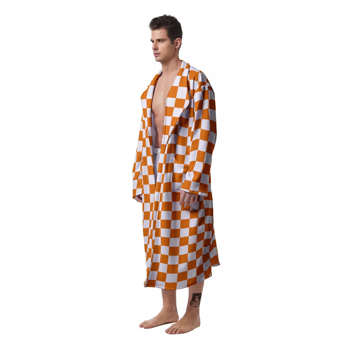 Checkered White And Orange Print Pattern Men's Robe-grizzshop
