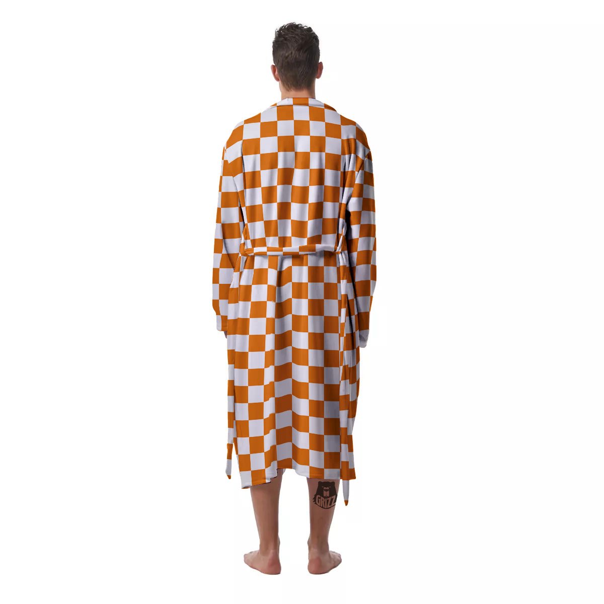 Checkered White And Orange Print Pattern Men's Robe-grizzshop
