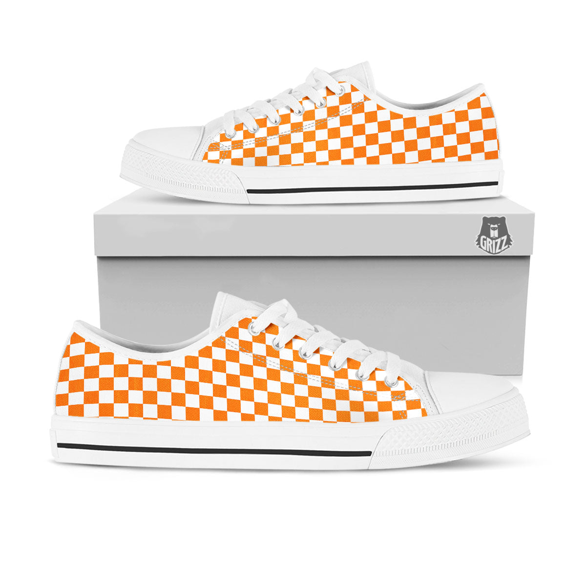 Checkered White And Orange Print Pattern White Low Top Shoes-grizzshop