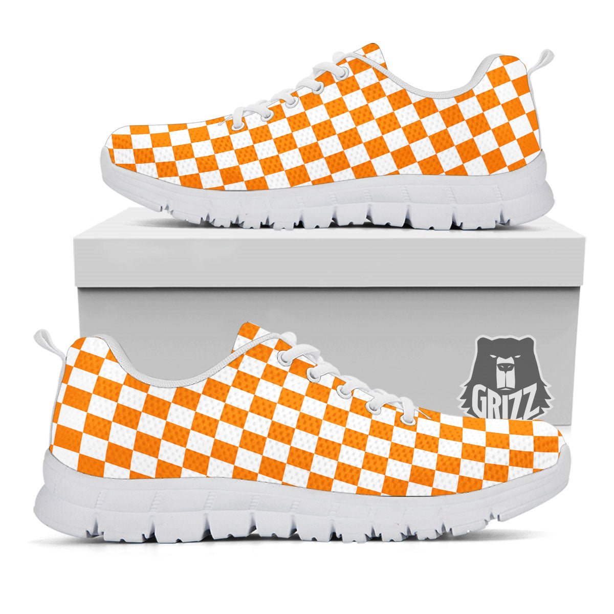 Checkered White And Orange Print Pattern White Sneaker-grizzshop