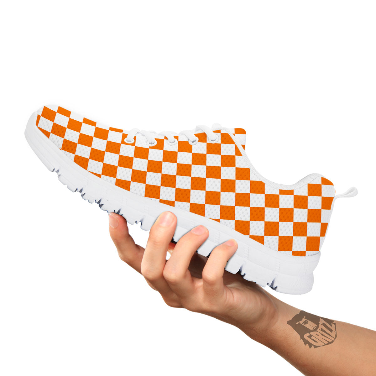 Checkered White And Orange Print Pattern White Sneaker-grizzshop