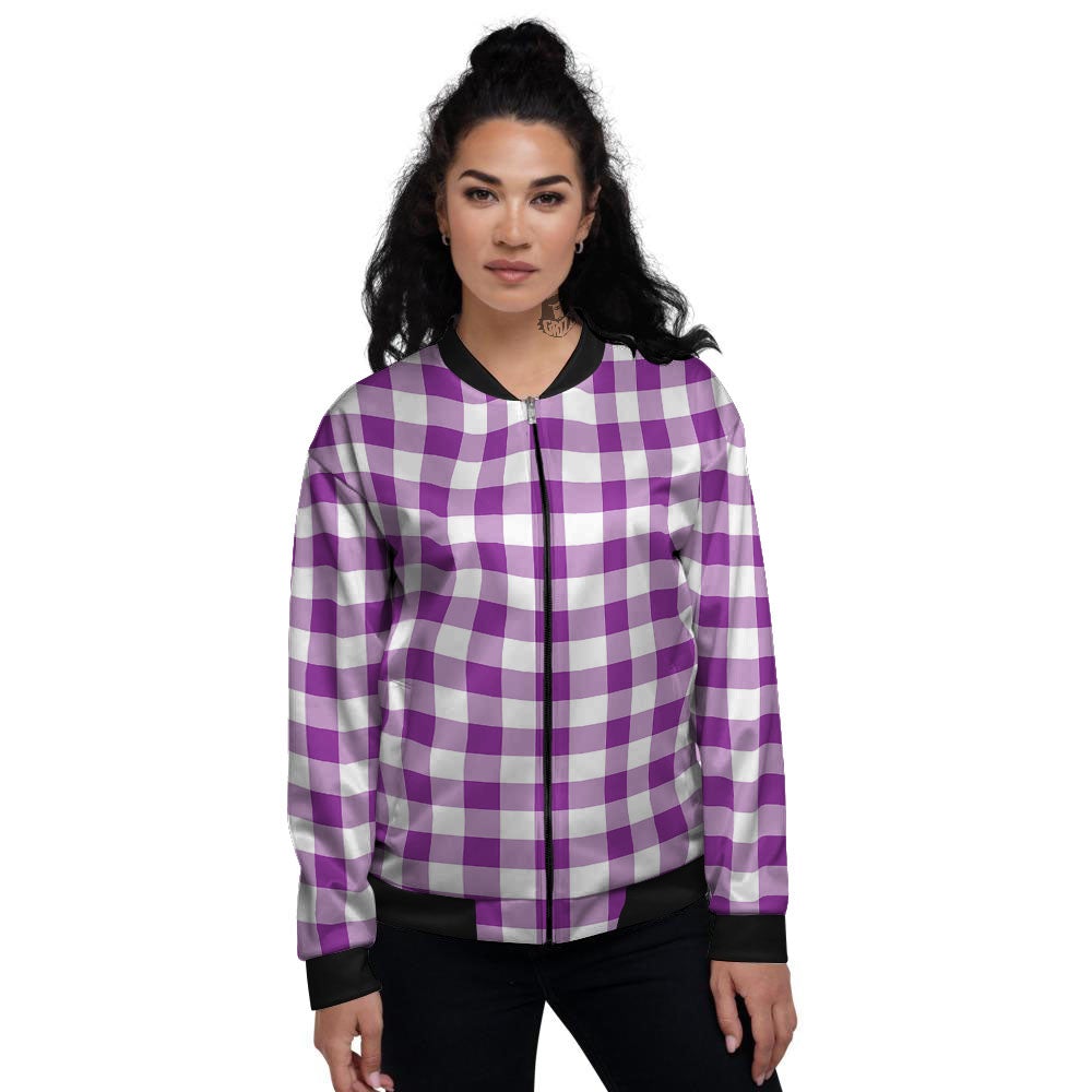 Checkered White And Purple Print Pattern Women's Bomber Jacket-grizzshop