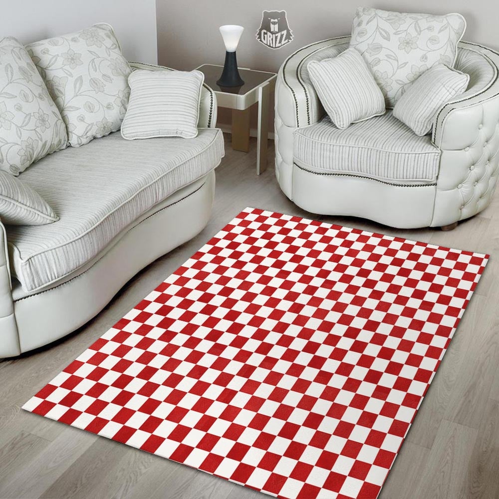 Checkered White And Red Print Pattern Floor Mat-grizzshop