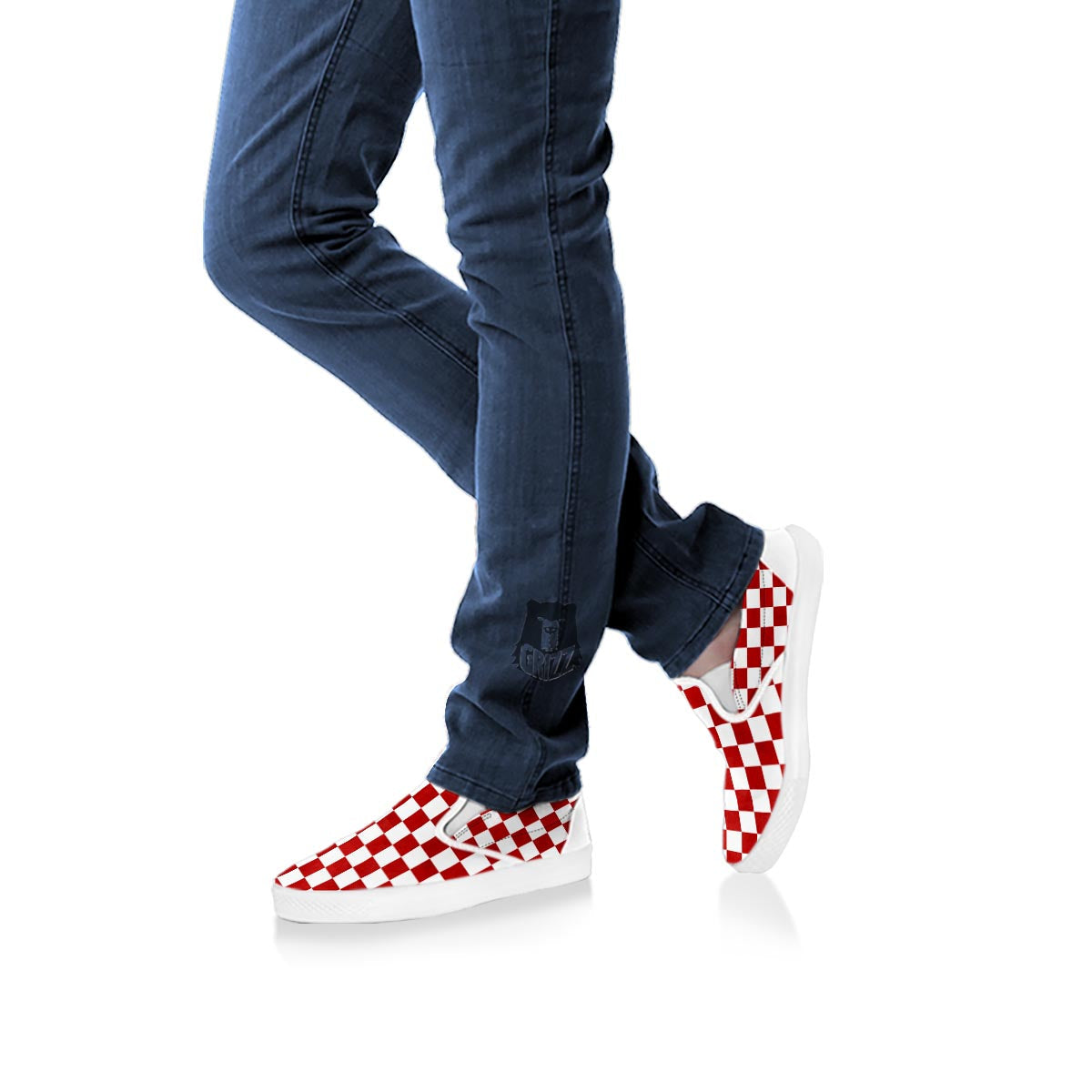Checkered White And Red Print Pattern White Slip On Shoes-grizzshop