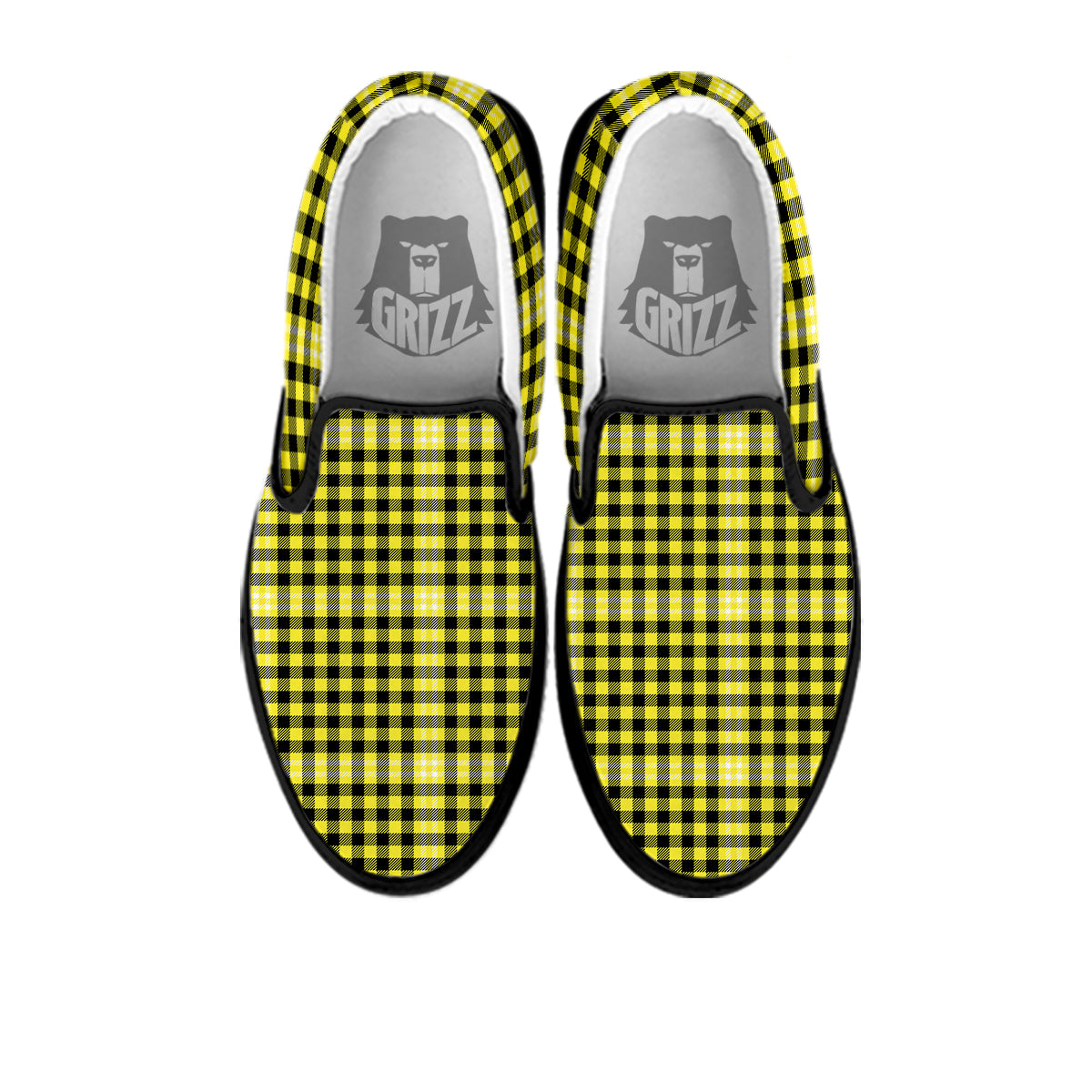 Checkered Yellow And Black Print Pattern Black Slip On Shoes-grizzshop
