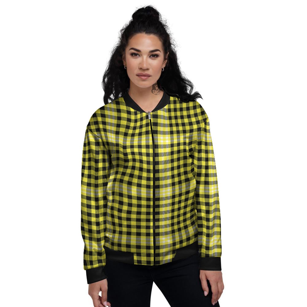 Checkered Yellow And Black Print Pattern Women's Bomber Jacket-grizzshop
