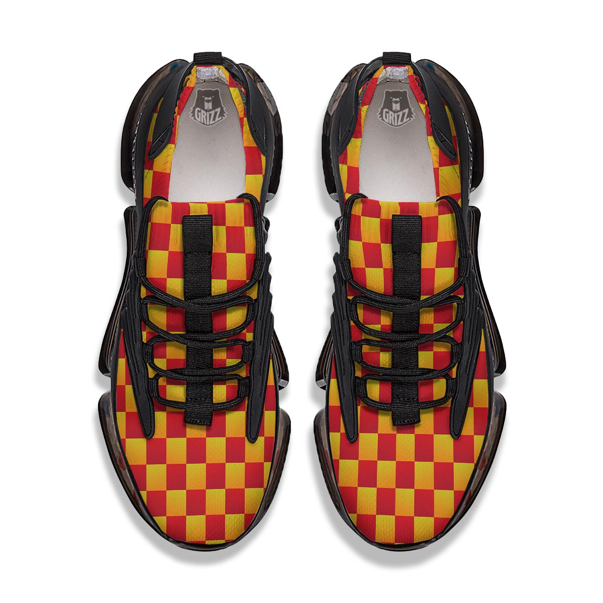 Checkered Yellow And Red Print Pattern Black Gym Shoes-grizzshop