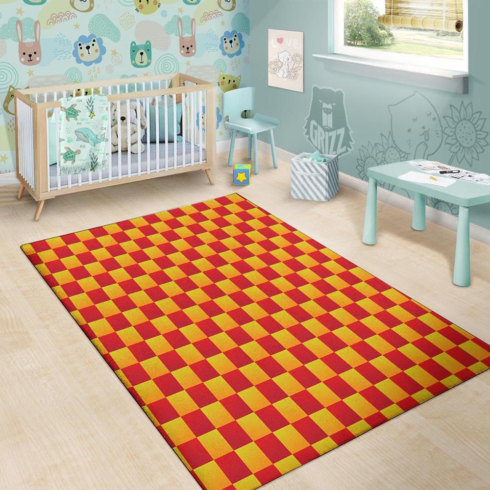 Checkered Yellow And Red Print Pattern Floor Mat-grizzshop