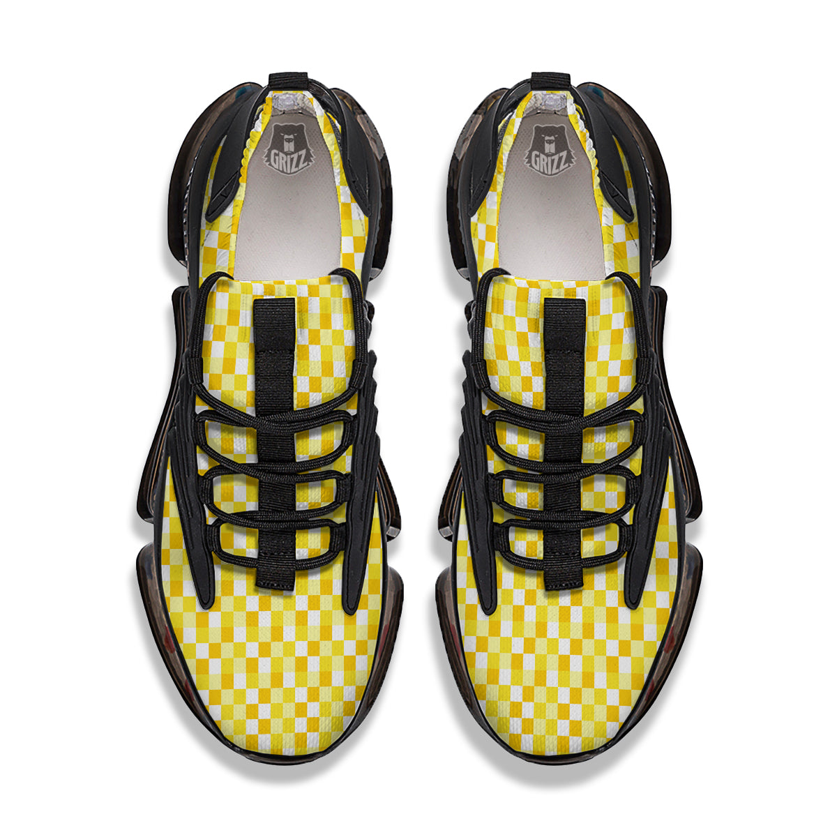Checkered Yellow And White Print Pattern Black Gym Shoes-grizzshop