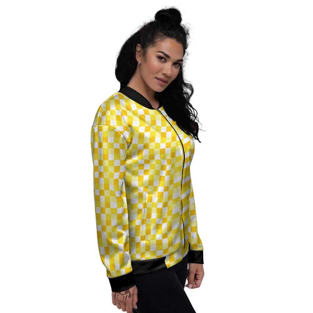 Checkered Yellow And White Print Pattern Women's Bomber Jacket-grizzshop