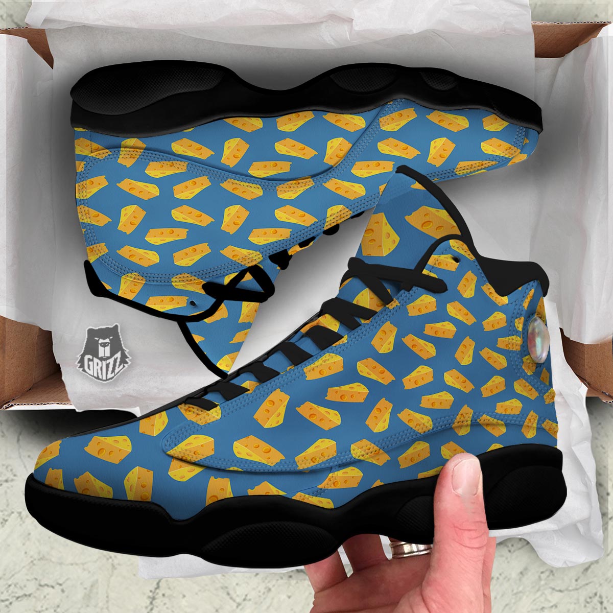 Cheese Slice Print Pattern Black Basketball Shoes-grizzshop