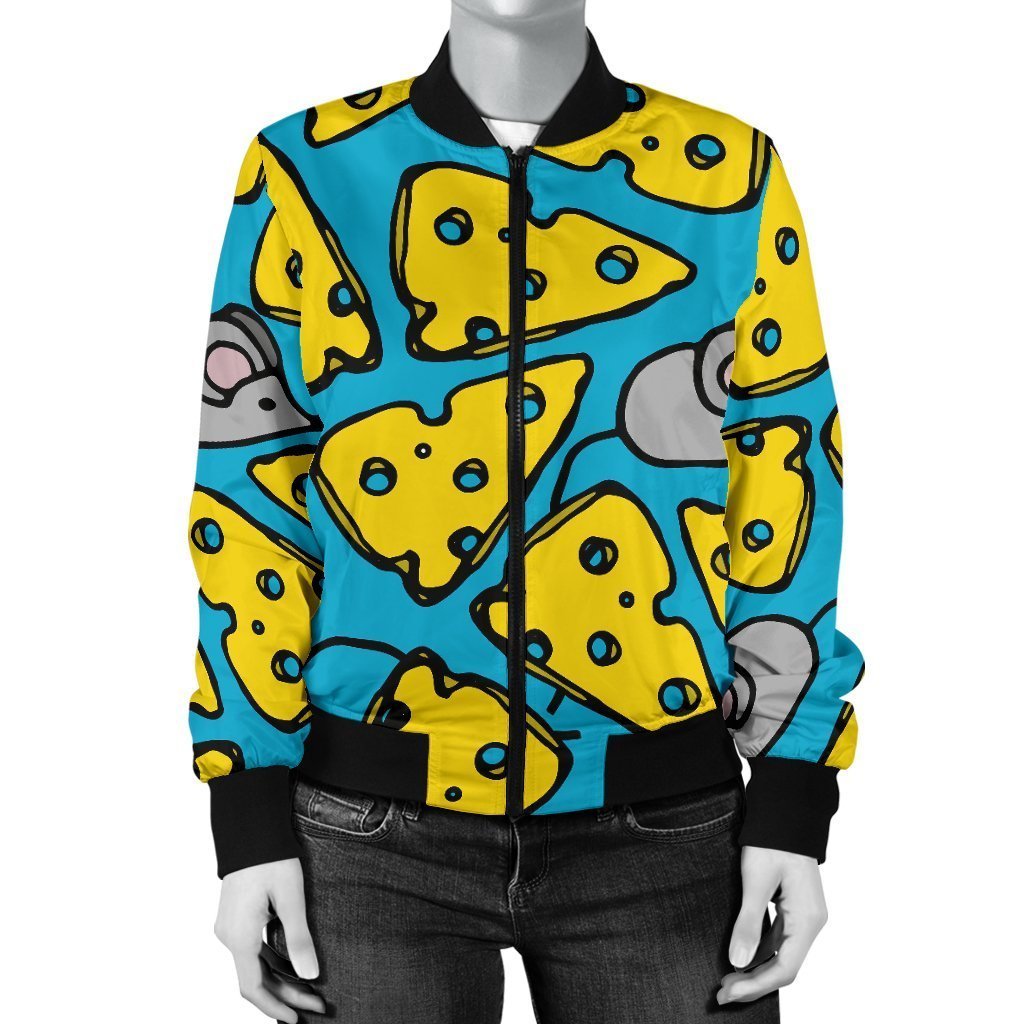 Cheese Mouse Pattern Print Women Casual Bomber Jacket-grizzshop