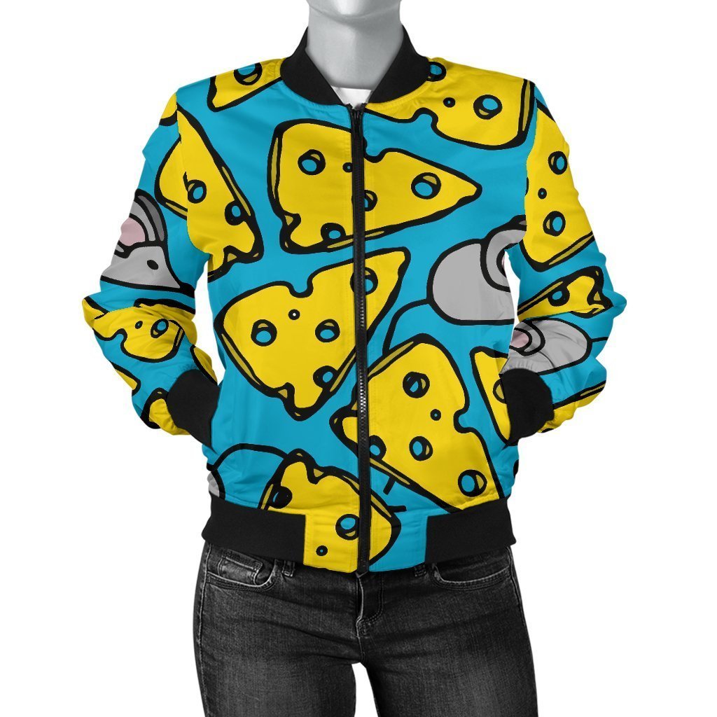 Cheese Mouse Pattern Print Women Casual Bomber Jacket-grizzshop