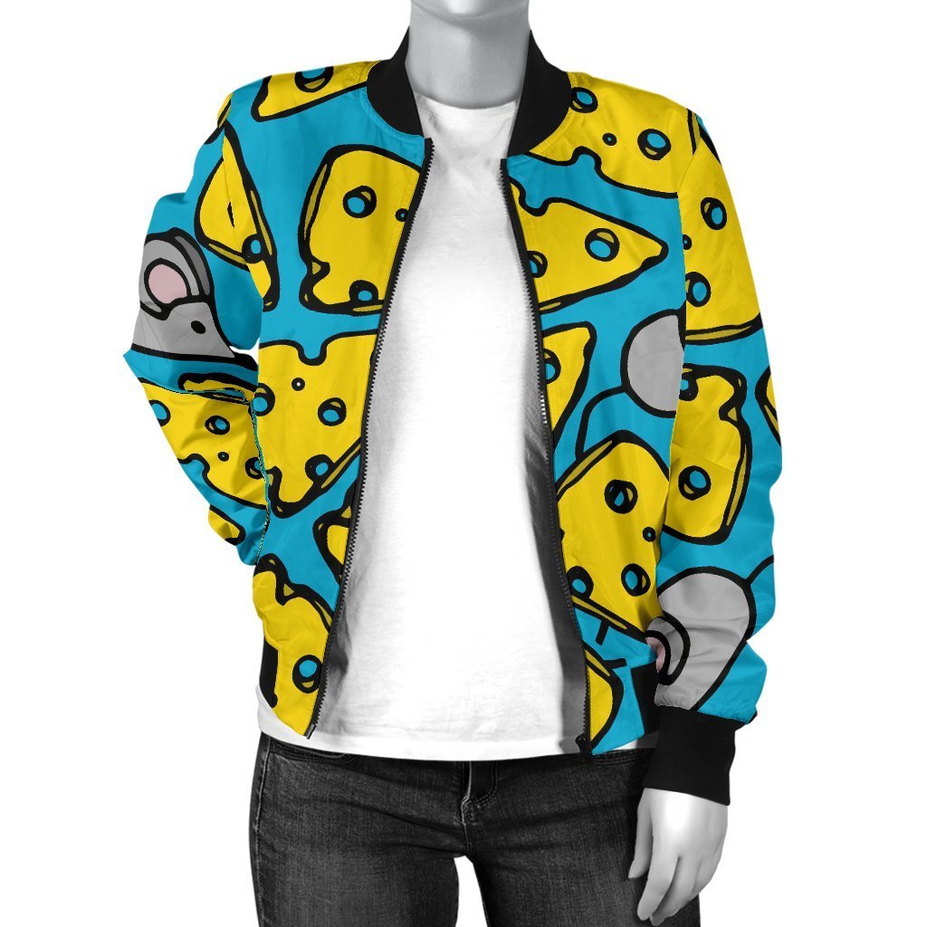 Cheese Mouse Pattern Print Women Casual Bomber Jacket-grizzshop