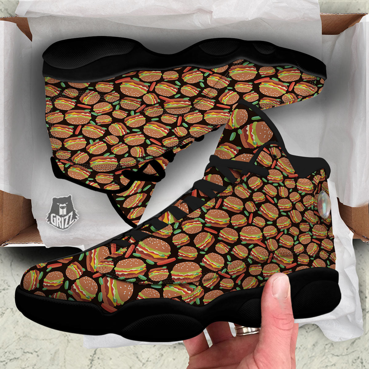 Cheeseburger Print Pattern Black Basketball Shoes-grizzshop