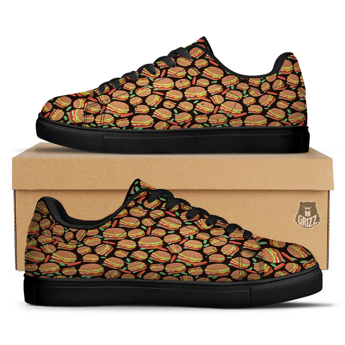Cheeseburger Print Pattern Black Low Top Sneakers-grizzshop