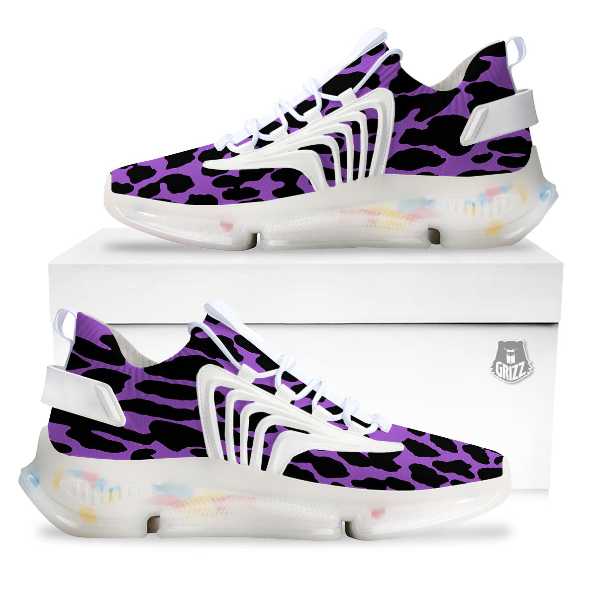 Cheetah Black And Purple Print White Gym Shoes-grizzshop