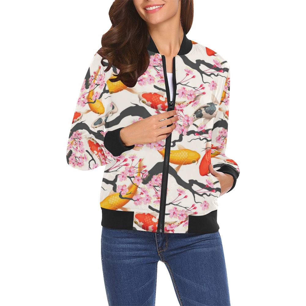 Cherry Blossom Koi Fish Pattern Print Women Casual Bomber Jacket-grizzshop