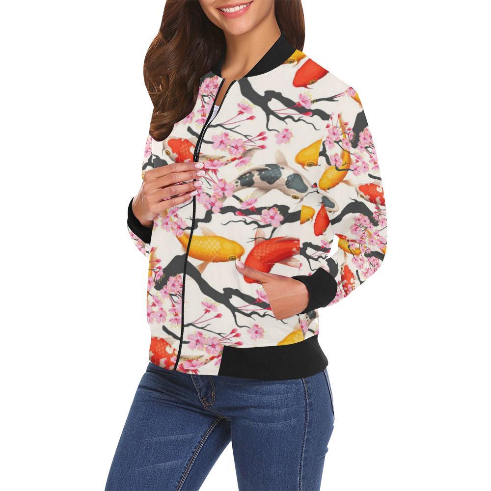 Cherry Blossom Koi Fish Pattern Print Women Casual Bomber Jacket-grizzshop