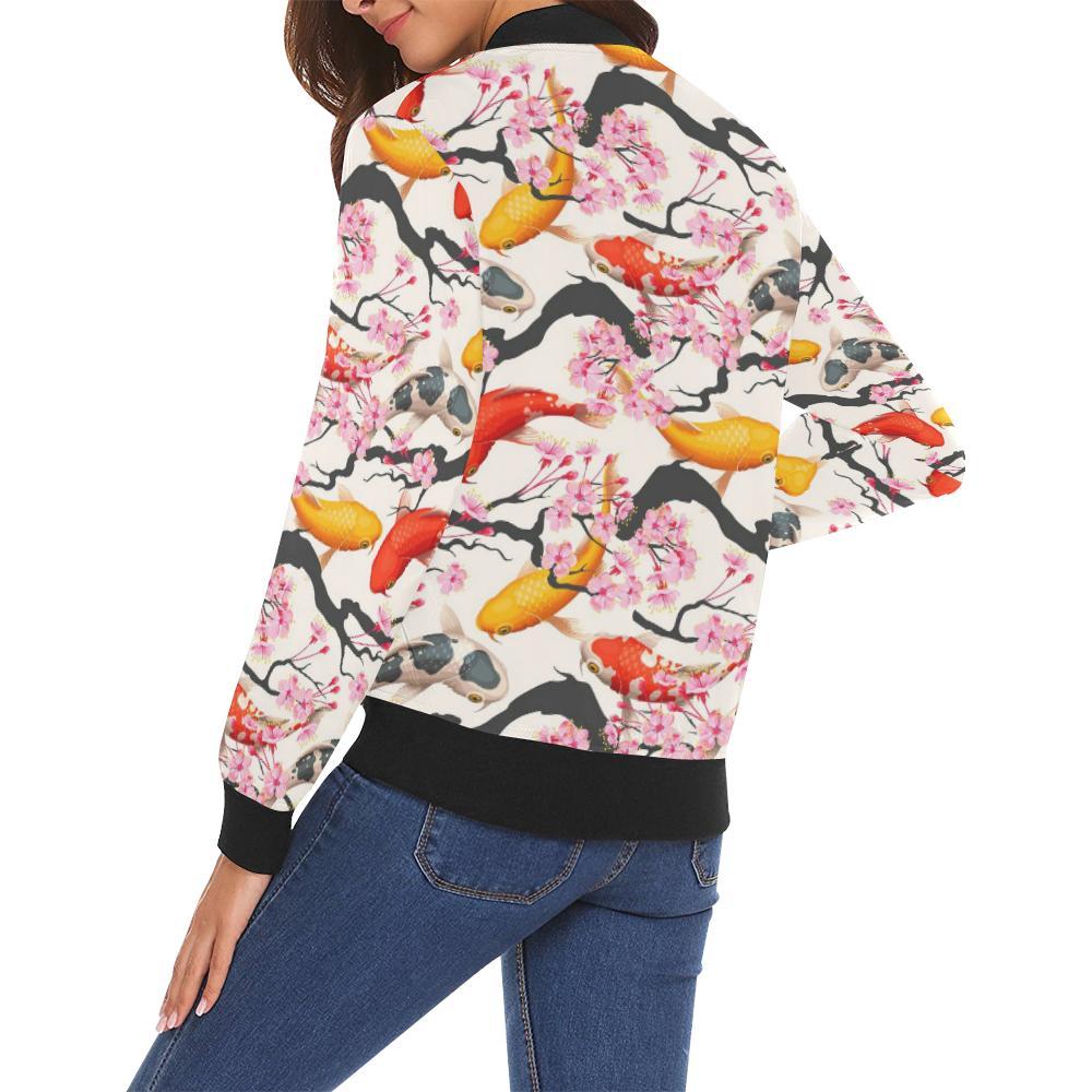 Cherry Blossom Koi Fish Pattern Print Women Casual Bomber Jacket-grizzshop