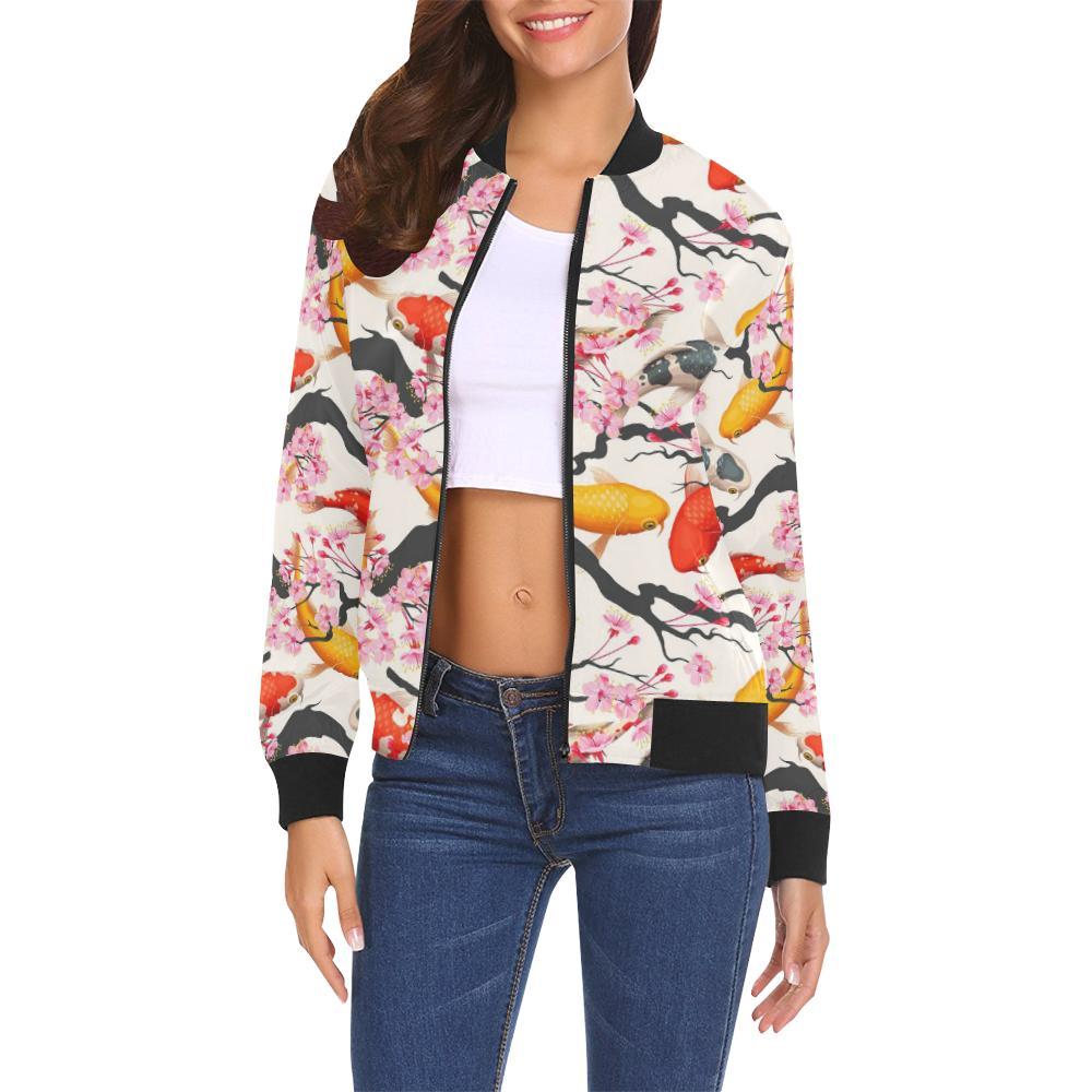 Cherry Blossom Koi Fish Pattern Print Women Casual Bomber Jacket-grizzshop