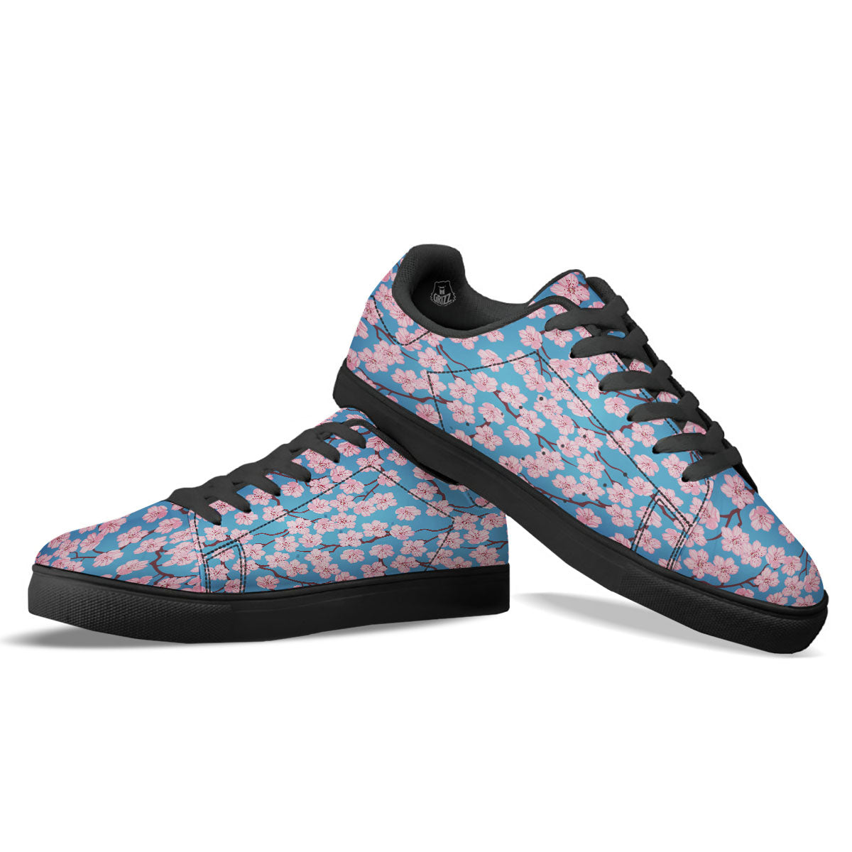 Cherry Blossom Pink Print Pattern Black Low Top Sneakers-grizzshop